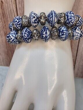 Blue White Ceramic Memory Wire Wrap Bracelet Artisan Boho Style